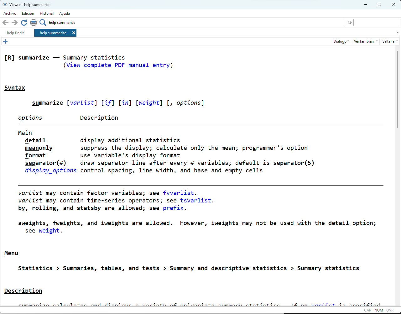Sintaxis de summarize
