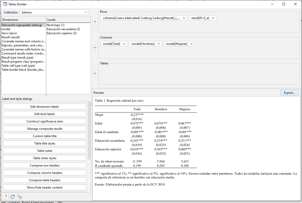 Herramienta del sistema de ventanas para elaborar tablas personalizadas de resultados