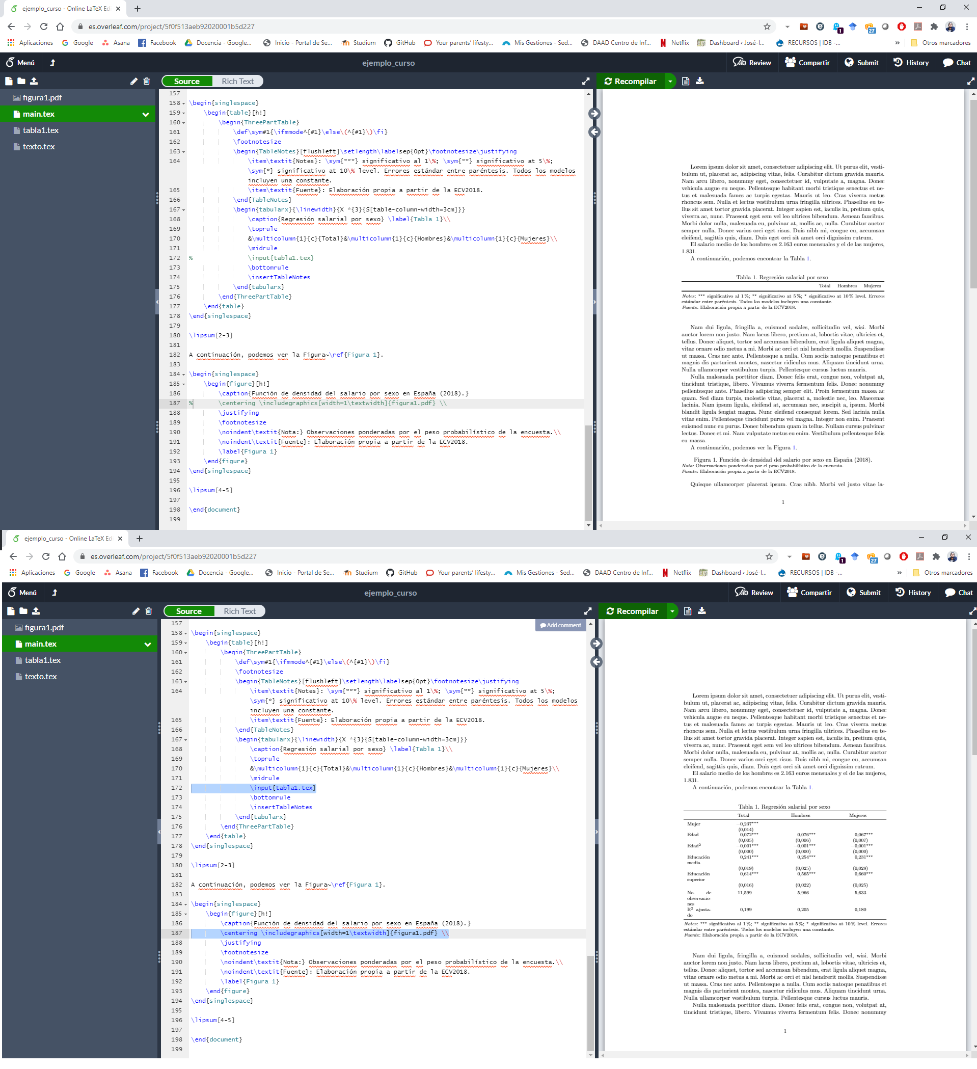 Documento LaTeX en Overleaf con resultados de Stata